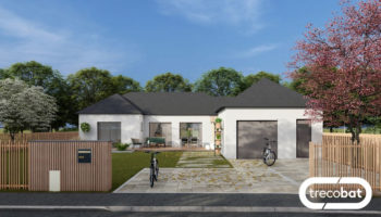 Plan de maison plain-pied en L avec garage et abri