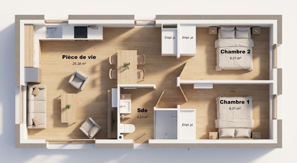 Maison+Terrain de 3 pièces avec 2 chambres à Plelan-le-Petit 22980 – 172250 € - MASO-26-10-29-121